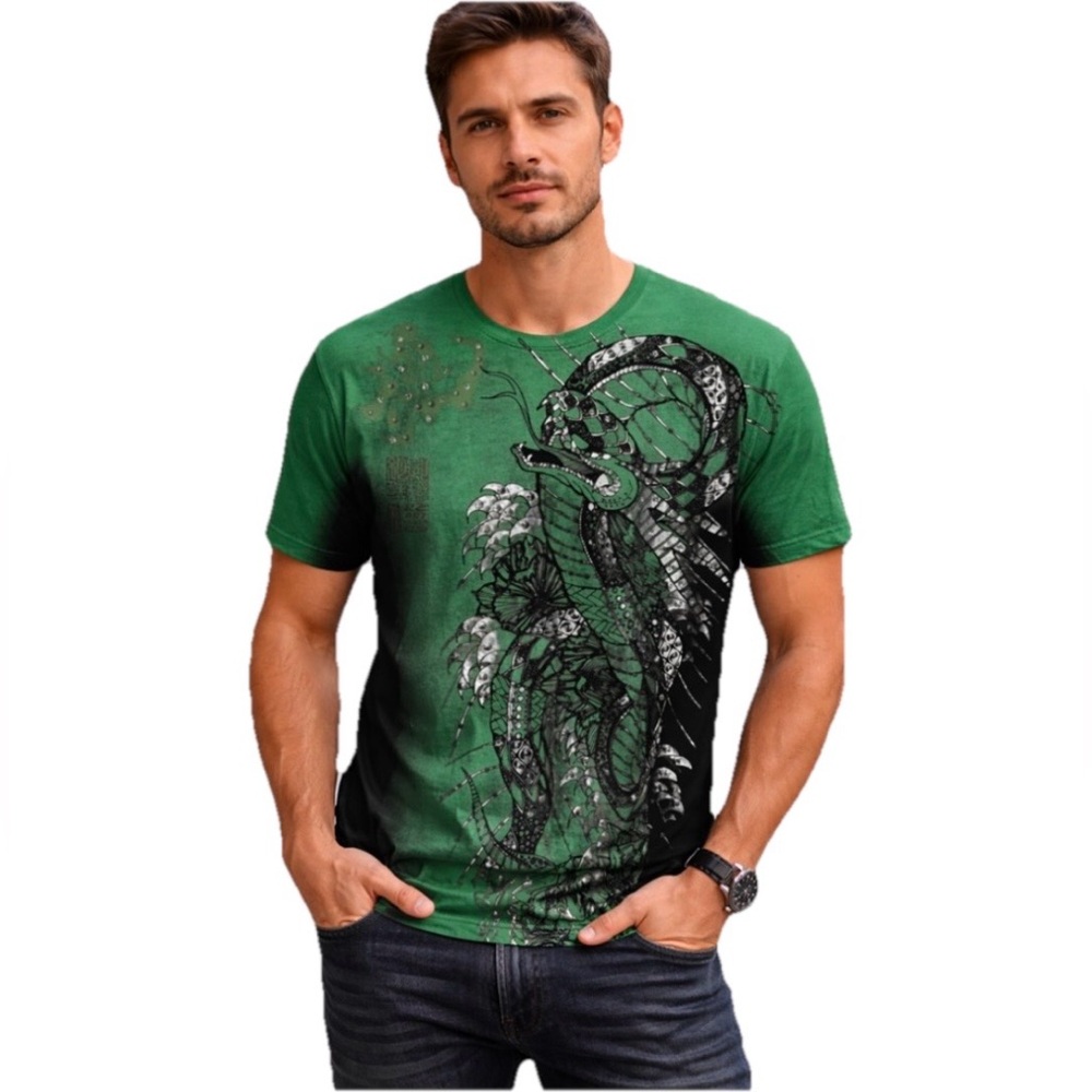 Key Closet Men’s Green Snake & Dragon Studded Short Leeve Size Large